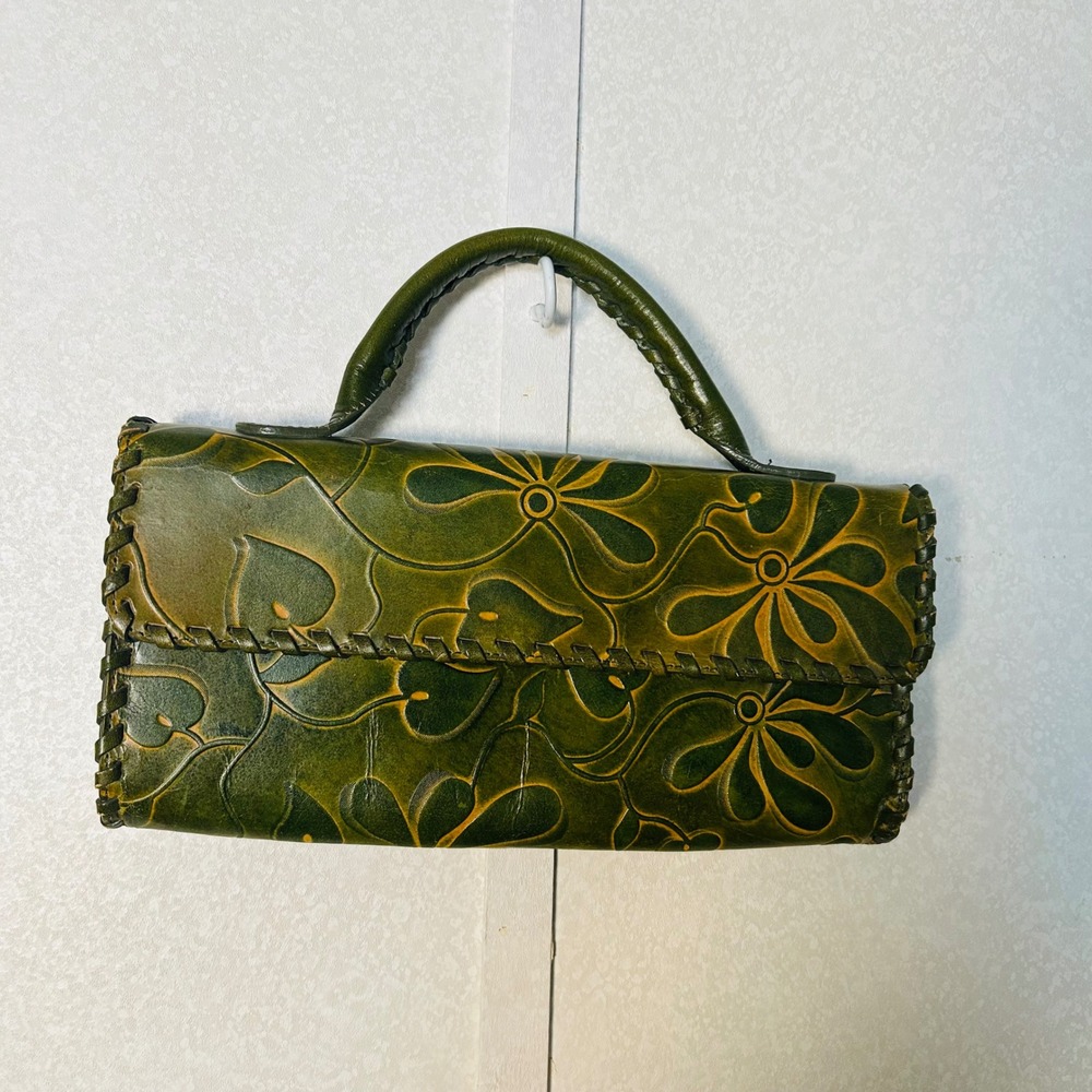 Vintage Green Floral Leaf Embossed rectangular small Leather Bag Purse fairy